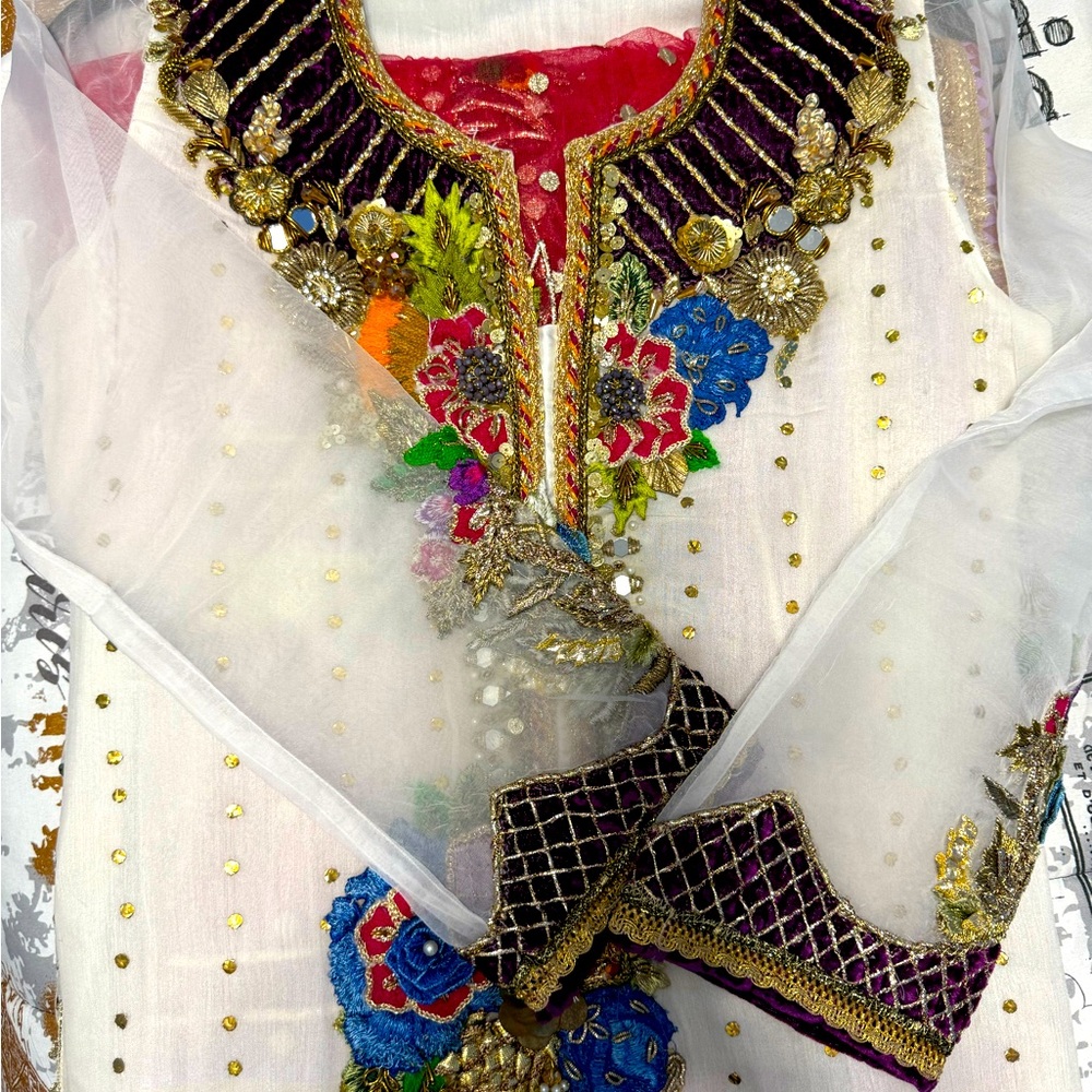 Embroidered White and Purple Traditional Dress